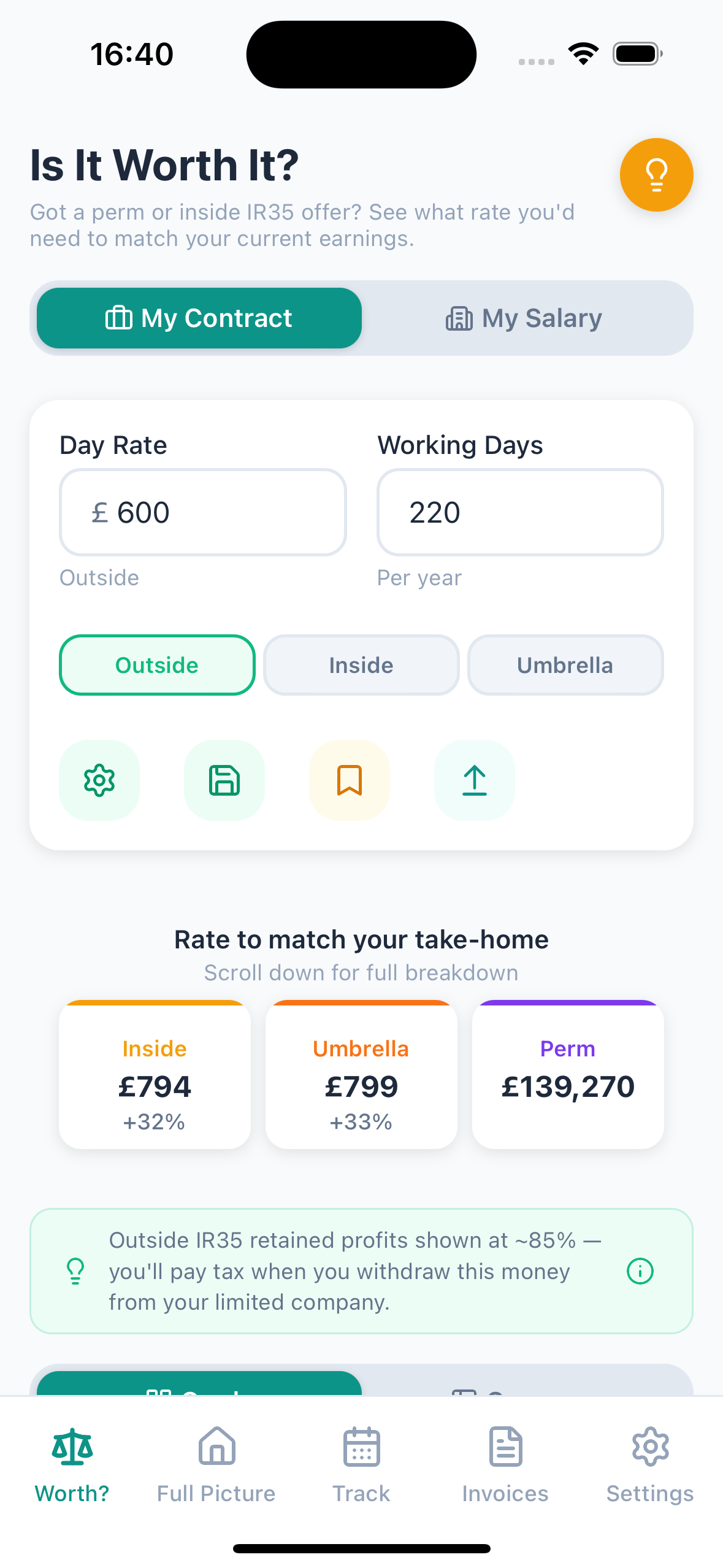 ContractorPro app showing the Worth It analysis comparing contractor vs permanent total wealth